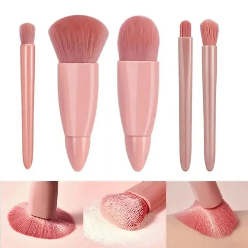 Kit Mini Pincéis de Maquiagem com Estojo e Espelho – Edição Compacta 5 em 1