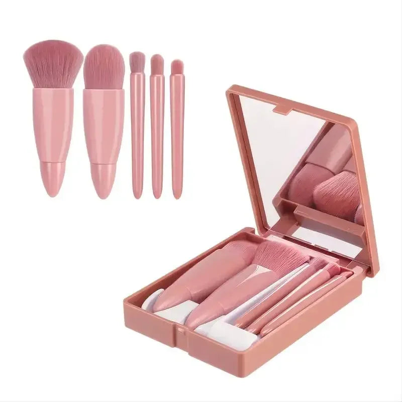 Kit Mini Pincéis de Maquiagem com Estojo e Espelho – Edição Compacta 5 em 1
