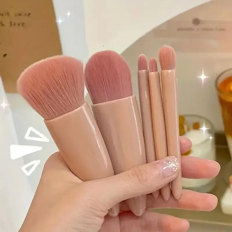 Kit Mini Pincéis de Maquiagem com Estojo e Espelho – Edição Compacta 5 em 1
