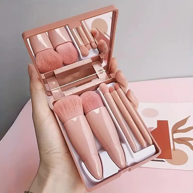 Kit Mini Pincéis de Maquiagem com Estojo e Espelho – Edição Compacta 5 em 1