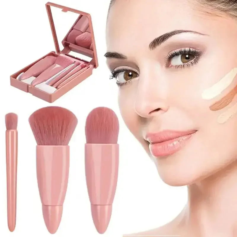 Kit Mini Pincéis de Maquiagem com Estojo e Espelho – Edição Compacta 5 em 1